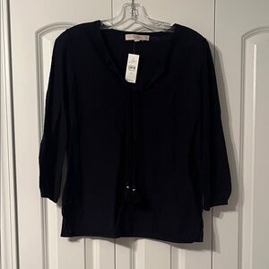 LOFT Women's Navy Blouse with Tassel Detail